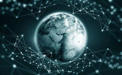 Digital information field on a planetary scale. Information network surrounds the entire planet. Concept of futuristic communication technologies. Elements of this image furnished by NASA