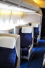 Interior view of Empty Airplane seats on board a jet liner