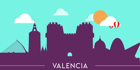 Valencia skyline silhouette flat design vector illustration