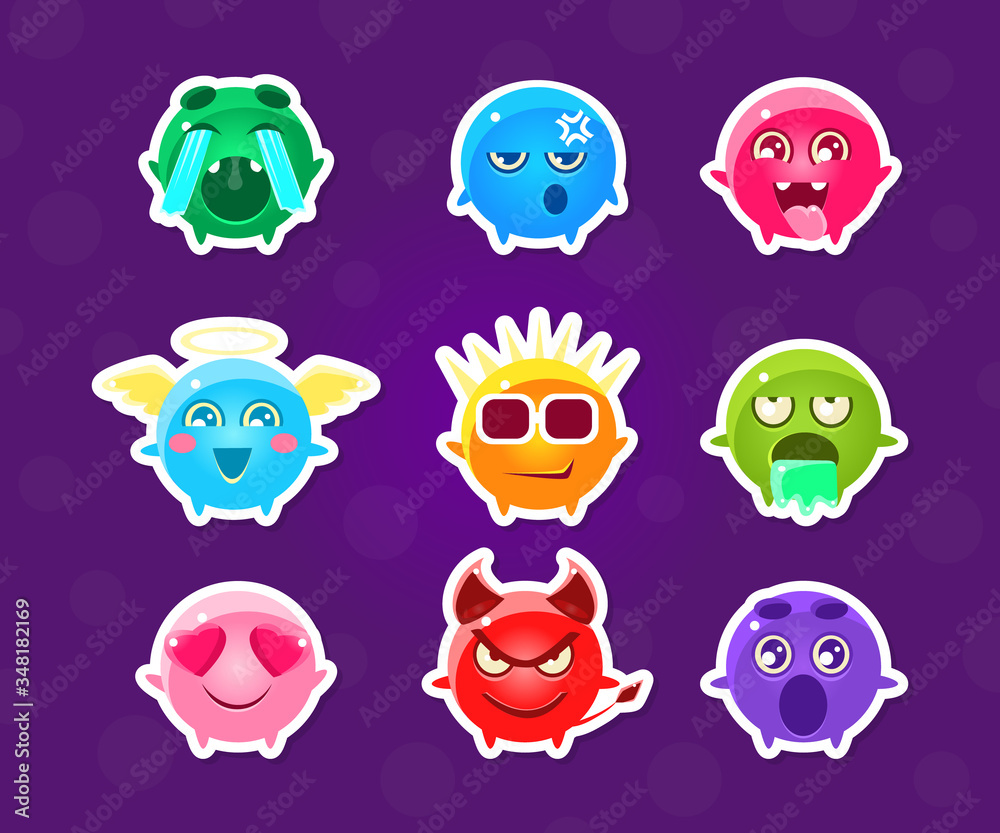 Poster Cute Funny Monsters Stickers with Different Emotions Collection, Little Colorful Emoticons Cartoon Characters Vector Illustration