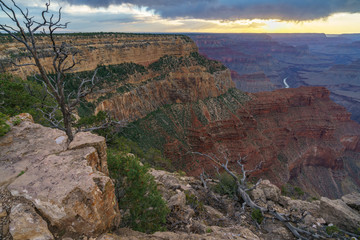 sunset at hopi point on the rim trail at the south rim of grand canyon in arizona, usa