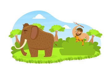 Prehistoric Caveman Sitting in Ambush with Spear, Primitive Man Hunting for Mammoth on Stone Age Natural Landscape Vector Illustration