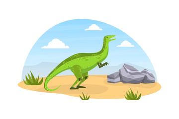 Cute Green Dinosaur on Natural Landscape, Cute Prehistoric Animal in Desert Vector Illustration