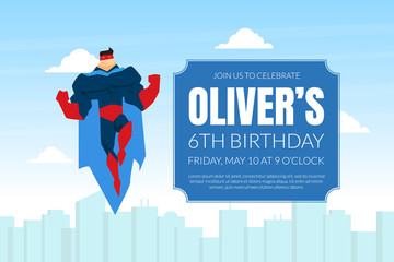 Superhero Birthday Invitation Card Template, Brave Muscular Superhero Character in Blue Waving Cloak Flying over City Vector Illustration