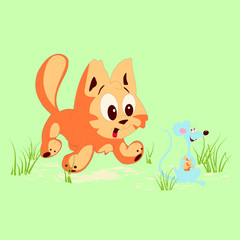 Cartoon little cat and mouse vector character illustration