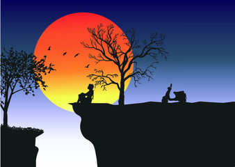 Sad Lonely Girl, Sitting under a tree during a Sunset 