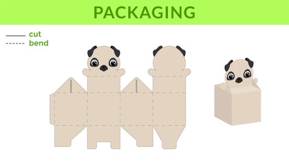 Adorable DIY party favor box for birthdays, baby showers with cute dog for sweets, candies, small presents. Printable color scheme. Print, cut out, fold, glue. Vector stock illustration.