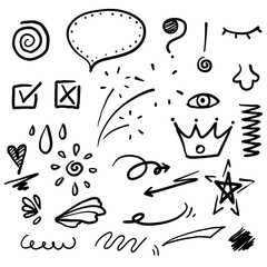 hand drawn doodle element. consists of Arrow, heart, love, star, leaf, sun, light, flower, crown, king, queen,Swishes, swoops, emphasis ,swirl, heart, for concept design. doodle