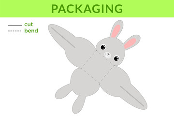 Adorable DIY party favor box for birthdays, baby showers with cute rabbit for sweets, candies, small presents, bakery. Printable color scheme. Print, cut out, fold no glue. Vector stock illustration.