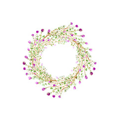 Watercolor hand drawn lilac wreath isolated on white background. Place for text.
