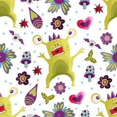Cute cartoon monster vector seamless pattern in a flat style. Funny kid alien character background. Mutant beast animal comic wallpaper on a white background.