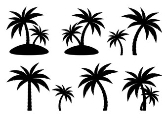Coconut palm trees set. Black silhouette isolated on a white background. Vector.