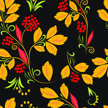 Vector, hohloma seamless pattern, floral pattern in yellow red tones, on a dark background, Russian patterns, national patterns