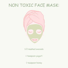 Non toxic face mask recipe. Hand drawn vector illustration in pink and green on light background. Home beauty routine. Can be used for fabrics, wallpapers, wrapping, logos, banners, flyers and posters