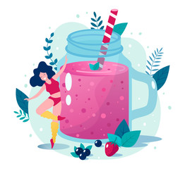 Concept of healthy lifestyle vector illustration. Berry smoothie vector illustration. Happy slim woman dancing near berry smoothie