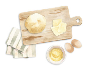 watercolor illustration about baking - wooden cutting board with dough