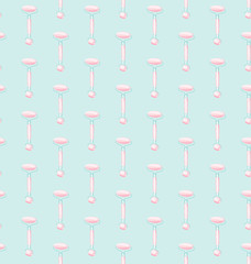 Hand drawn face roller massager seamless pattern in pink and blue colors on turquoise background. Home self care concept. Can be used for fabric, wrapping, wallpaper, logo, banner, flyer and poster.