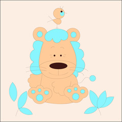 Cartoon little baby lion and bird vector character illustration