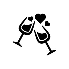 Two glasses toasting with floating hearts on a romantic date, Vector icon illustration for valentine's day, love, romance, dating, wedding, honeymoon vector icon in line art style on white background