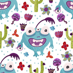 Cute cartoon monster vector seamless pattern in a flat style. Funny kid alien character background. Mutant beast animal comic wallpaper on a white background.
