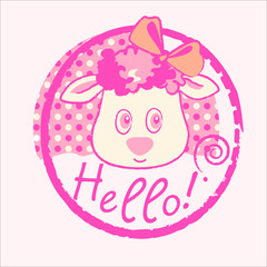 Cute little lamb girl Hello! vector character illustration