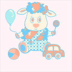 Funny baby boy lamb and toys vector character illustration