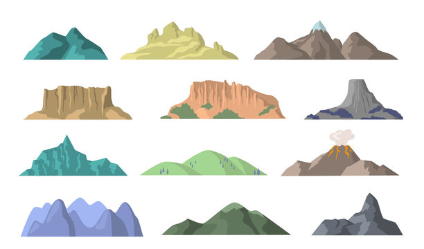 Cartoon mountains flat vector elements. Mountain peak, hill top and volcano patterns illustration set for design. Nature landscape, tourism, climbing and hiking concept