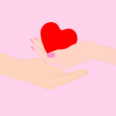Woman hand is holding red heart and man hand is below on the pink background. Valentine, Encourage , donate, stroke, autism, medical, holiday, relationship concept.