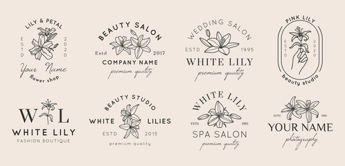 Set of Feminine logos with Lily flowers in simple minimal linear style. Vector floral emblem and icon
