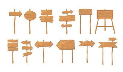 Wood boards on stick flat vector collection. Wooden empty signboards, banners, pointer arrows illustration set. Direction and way information concept