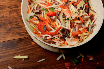 frozen Chinese vegetables and mushrooms in a frying pan