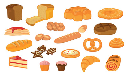 Various breads flat vector collection. Cartoon loafs, French baguettes, croissant, buns, ciabatta, bagel, cakes illustration set. Pastry, bakery product and healthy food concept