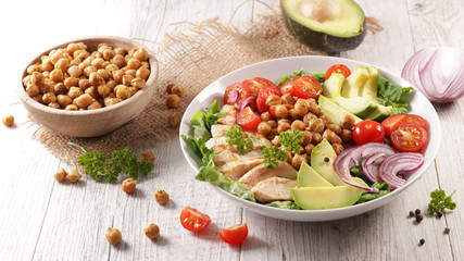 buddha bowl- vegetable salad with chicken fillet in bowl