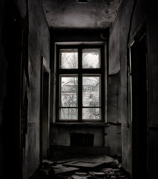 Beautiful old window in an abandoned house room