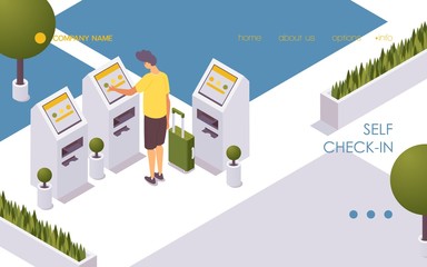 A person independently self check-in for a flight landing page template. Isometric airport scene