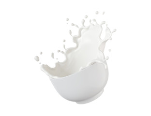 Milk Pouring and splash form White Bowl, isolated on white background, 3d rendering.