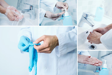 doctor washing hands and putting on surgical glove