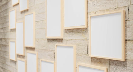 3D render illustration of multi size blank photo frames on the sand block bright wall. Empty picture frame mockup. View from side, depth of field