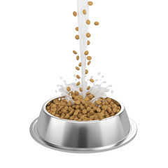 pet or dog food in a metal bowl with milk splash isolated on white background, 3d illustration.