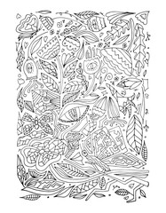 Children's or adult coloring book on the theme of the botanical garden and flowers. Set with flowers, leaves and insects for coloring and for printing on t-shirts, printing, etc. Vector illustration.