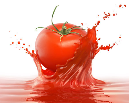 red tomato falling with liquid juice or Ketchup splash isolated on white background, 3d illustration.
