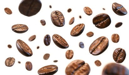 Coffee Bean flying on white background, 3d illustration.