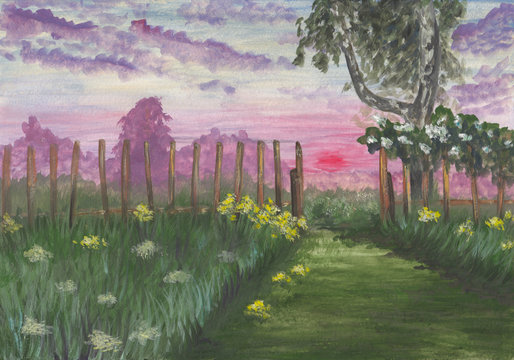 Gouache peaceful green landscape painting with forest trees, bushes & colorful bright pink sky, flowers & road. Abstract hand drawing sunrise. Serene, tranquil background for meditation, relaxation.