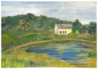 Obraz premium Gouache painting with green late summer landscape. Colorful calm pond and a house between green & yellow trees. Hand drawing illustration of countryside peaceful nature view in Belarus, Eastern Europe