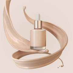 Concealer cosmetic product with liquid foundation splash, 3d illustration.