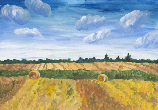 Gouache hand painting with golden field at late summer countryside landscape. Field with rolls of hay, straw in sunny weather with white clouds. Calm peaceful background of nature in Belarus, Europe.