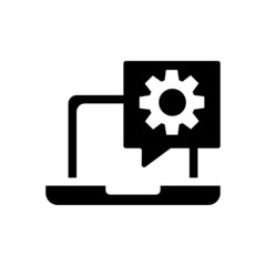 Online support in black flat design on white background, Computer technical support for mobile concept and web design, Laptop with gear vector icon, Symbol, logo illustration, Vector graphics