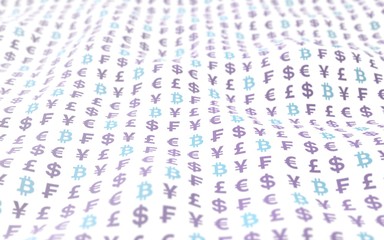 Bitcoin and currency on a white background. Digital crypto currency symbol. Wave effect, currency market fluctuations. Business concept. 3D illustration