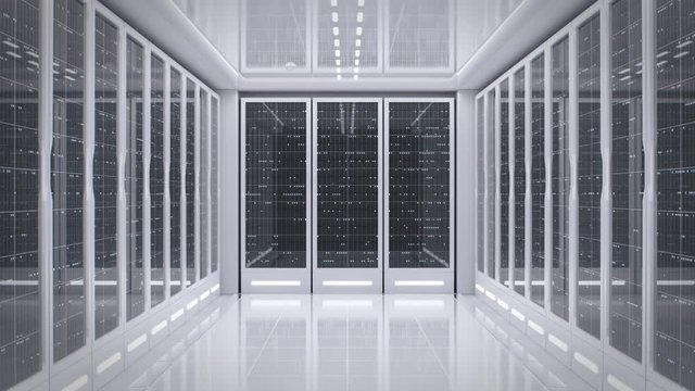 Artificial Intelligence concept. Loopable background shot. White server room in modern data center. Cloud computing data storage. Flashing light indicators. Hi-tech. Backdrops