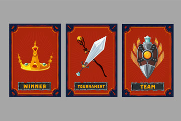 Card game collection. Fantasy ui kit with magic items. User interface design elements with decorative frame. Cartoon vector illustration. Crown, shield and weapon.